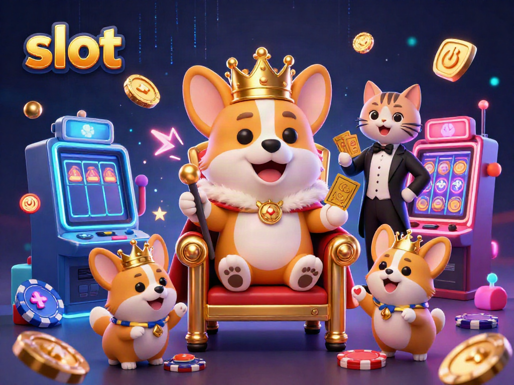 Experience slot excitement with a royal corgi on a throne of poker chips amidst colorful casino elements.