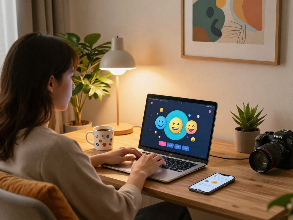 Engaging nsfw chat scene showcasing a cozy home office atmosphere with computer and coffee.
