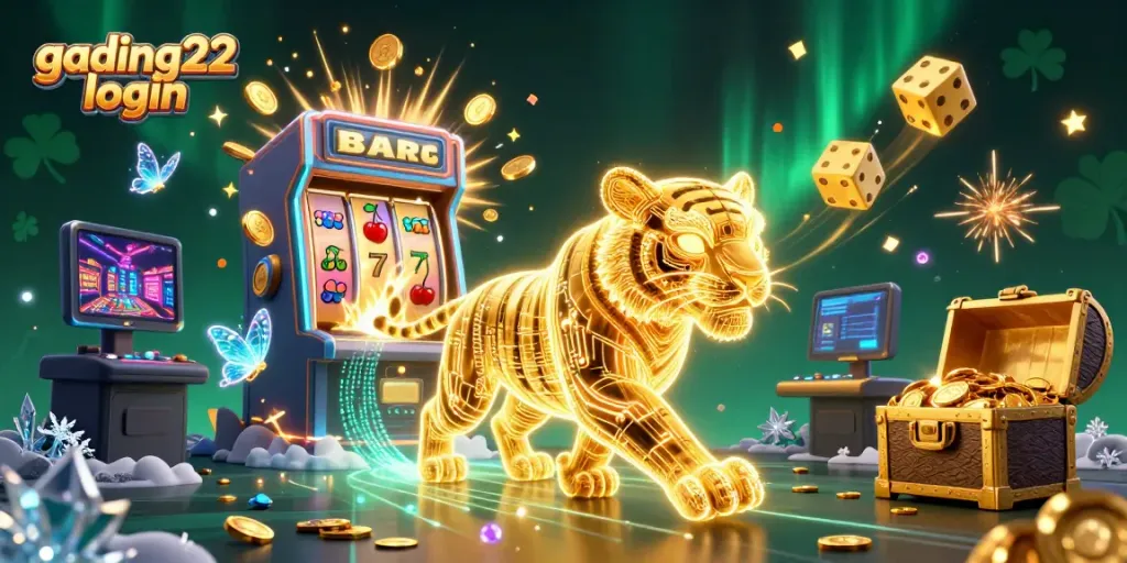 Engage with gading22 login while encountering the golden tiger in a vibrant casino scene.