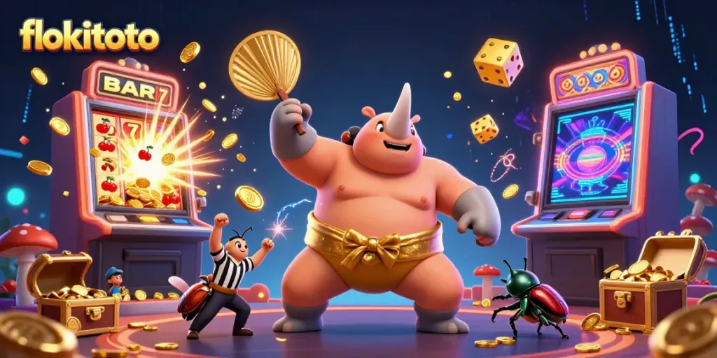 Experience the excitement of flokitoto with vibrant illustration showcasing a sumo beetle champion among casino games.