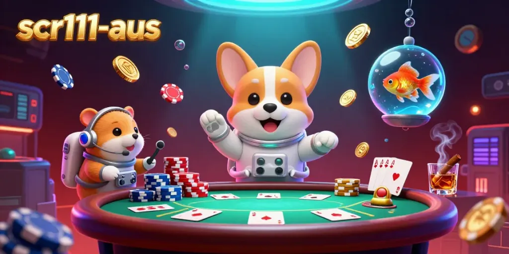 Join the SCR111-aus adventure with a floating corgi in a space casino surrounded by chips and coins.