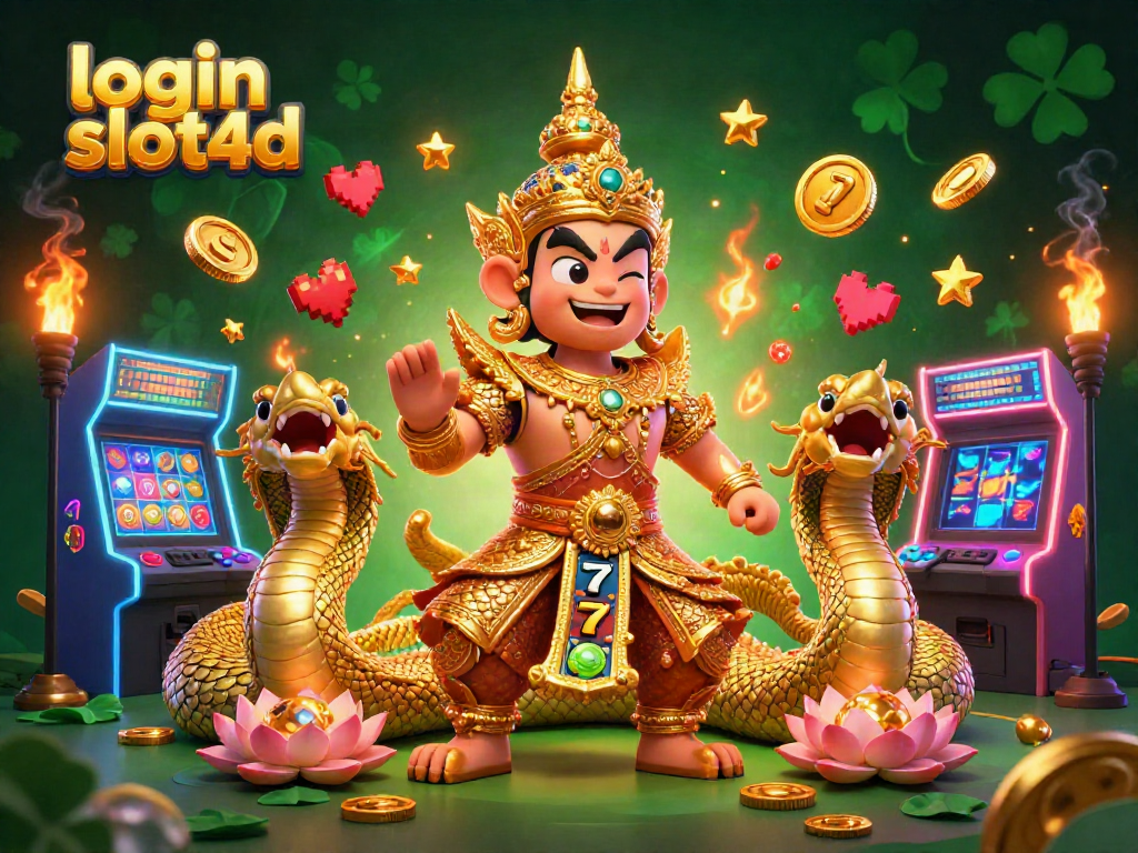 Engage with login slot4d's vibrant casino world featuring a guardian and dynamic slot game elements.