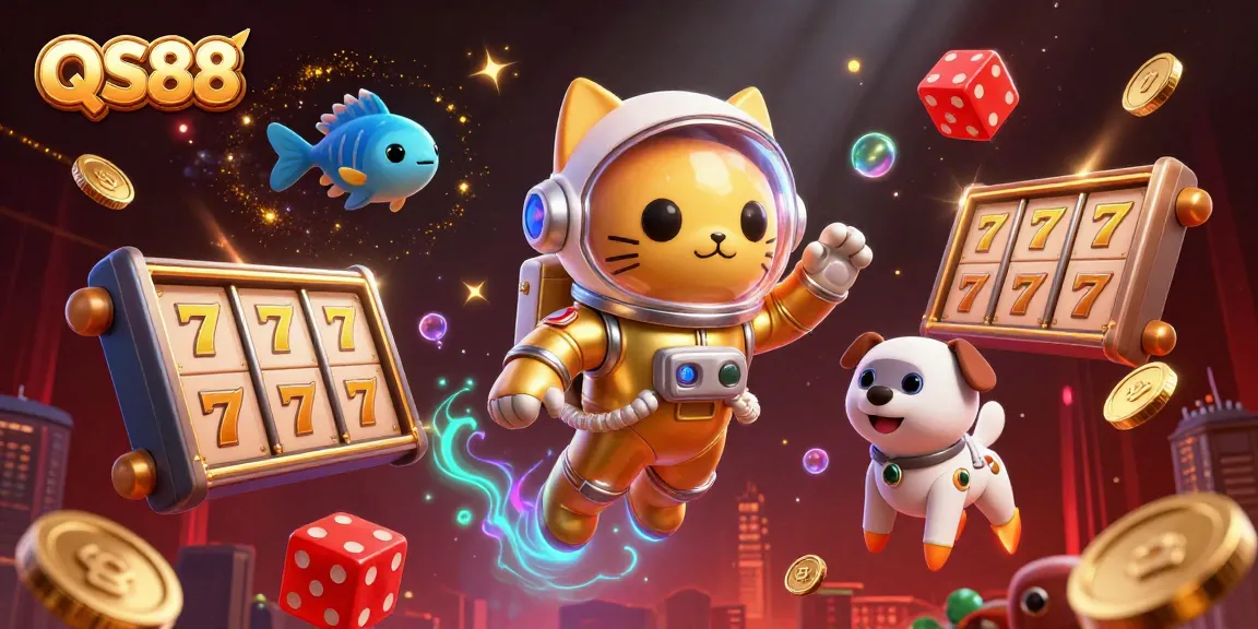 Experience the thrill of QS88 gaming with a cartoon space cat and dog amid vibrant casino elements.