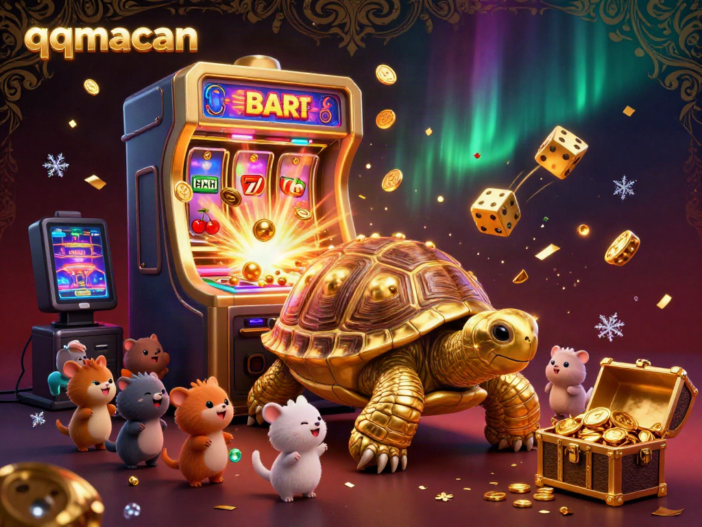 Experience exciting gameplay with QQMacan’s golden tortoise slot machine bursting with coins and vibrant game elements.