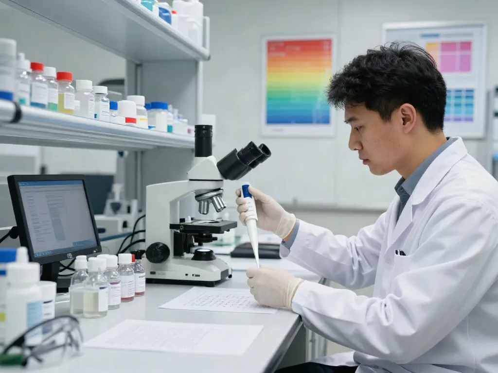 Scientist examining high purity sermorelin samples in a professional lab atmosphere