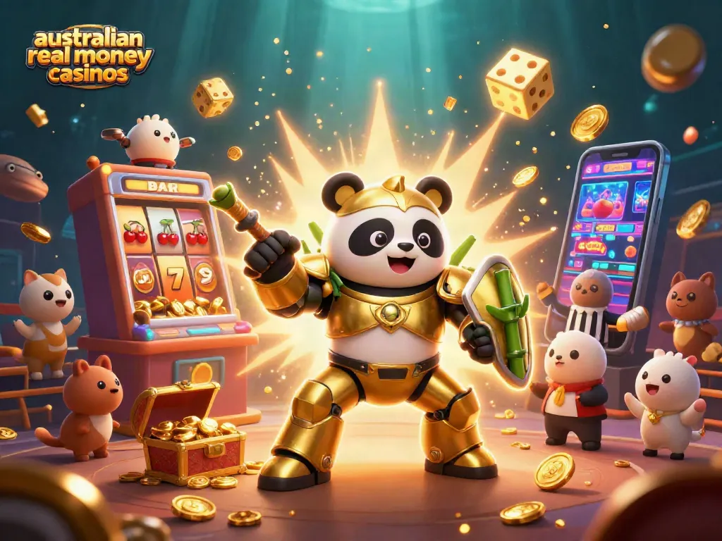 Engage with australian real money casinos in a vibrant, high-stakes celebration featuring cartoon mech-suit characters.
