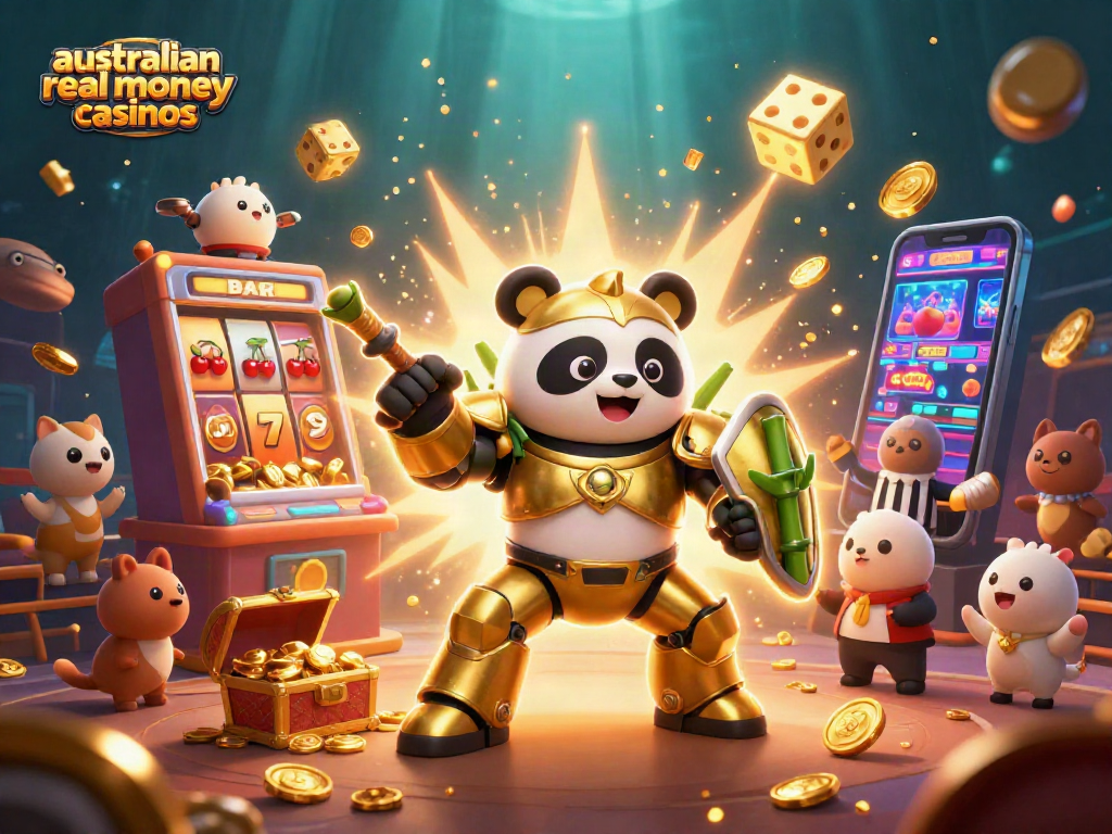 Engage with australian real money casinos in a vibrant, high-stakes celebration featuring cartoon mech-suit characters.
