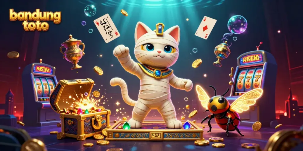 Join the action with bandung toto as a 3D cartoon mummy cat bursts from a golden sarcophagus in a vibrant casino.