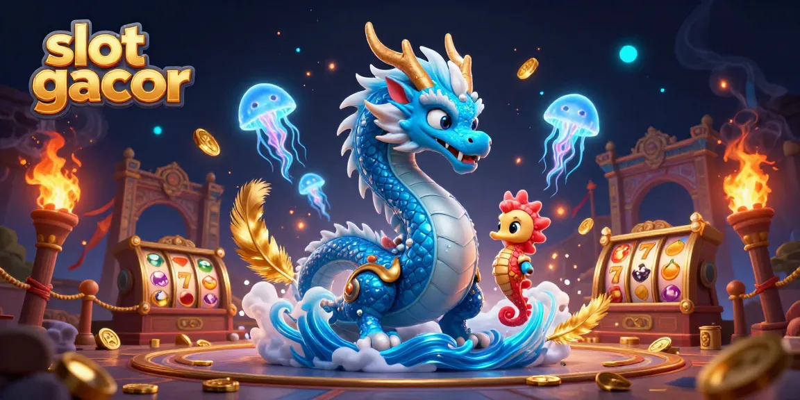 Engage in slot gacor action with a captivating scene of a dragon, seahorse knight, and jellyfish amidst vibrant casino elements.