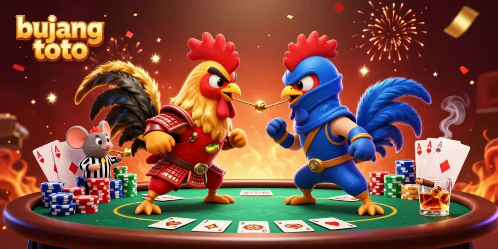 Engage in thrilling action with bujang toto as dynamic roosters clash in a vibrant casino scene.