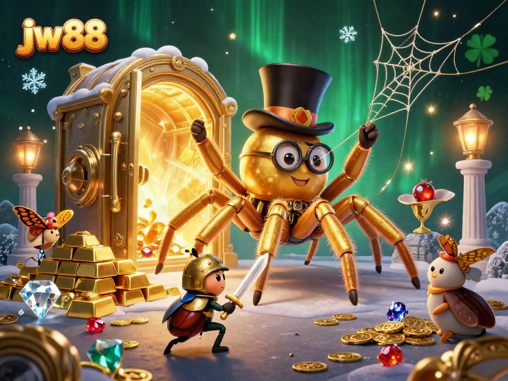 Experience thrilling moments with jw 88 as a golden tarantula spins its wealth web amid shimmering treasures in a vibrant casino.