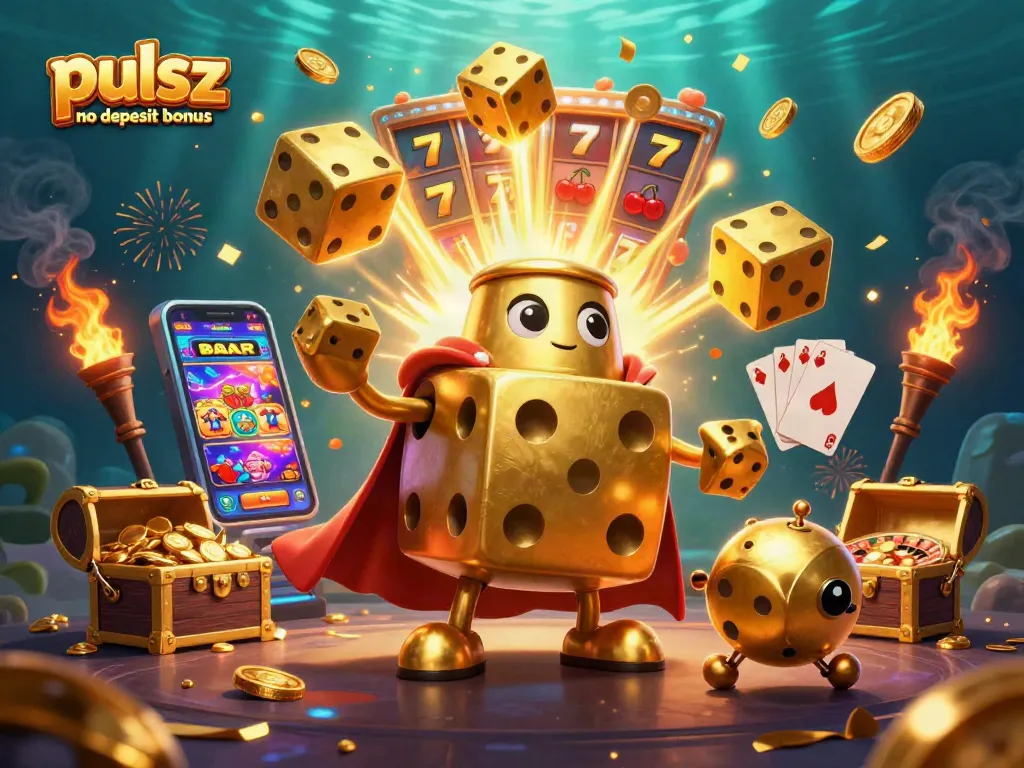 Experience the fun with pulsz no deposit bonus, featuring a golden dice golem and exciting casino elements.