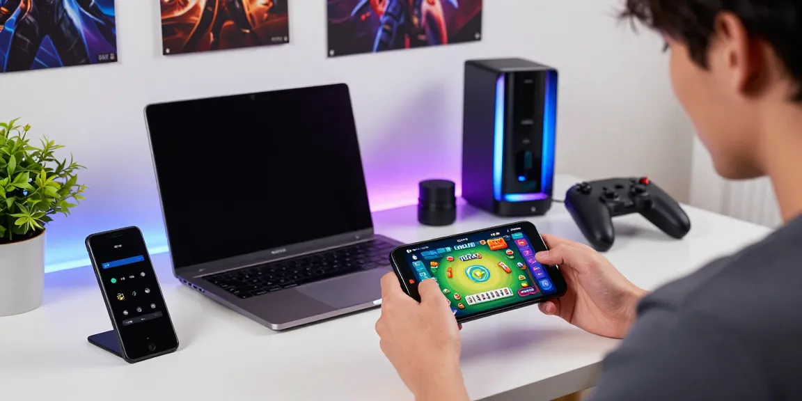 Engaged user exploring CIKA4D Mahjong Ways on mobile device, vibrant gaming setup.