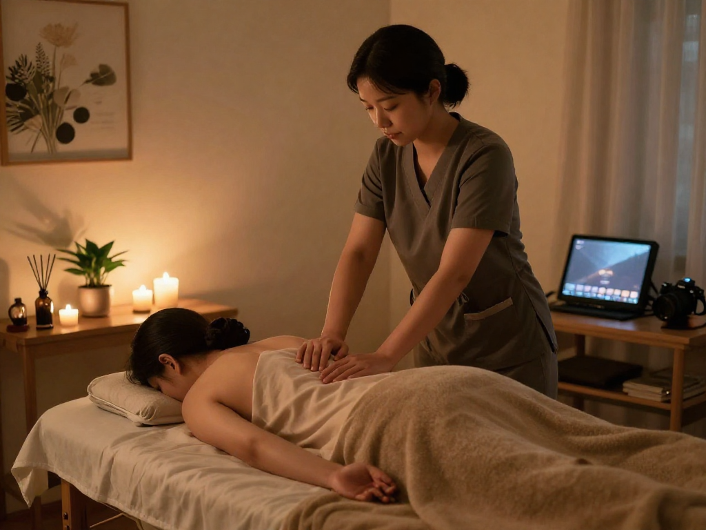 Relaxing 종로출장마사지 session in a serene home setting with soft lighting and soothing atmosphere.