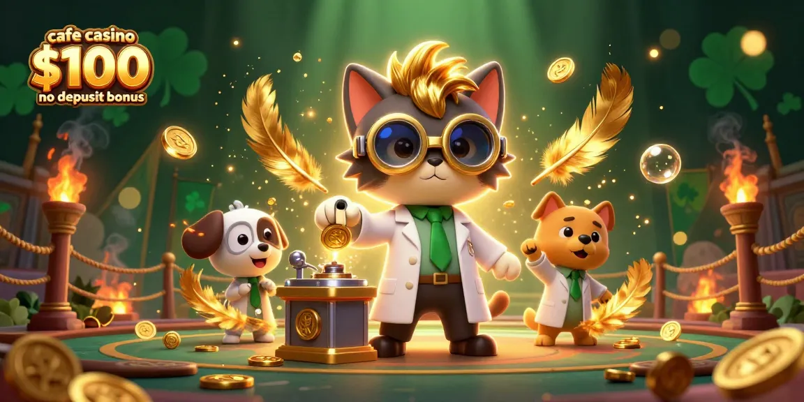 Cafe casino $100 no deposit bonus showcased in a vibrant 3D gaming scene with animated characters sparkling with excitement.
