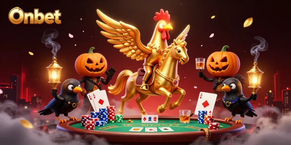 Onbet's golden rooster character leading a thrilling midnight casino adventure with poker elements.