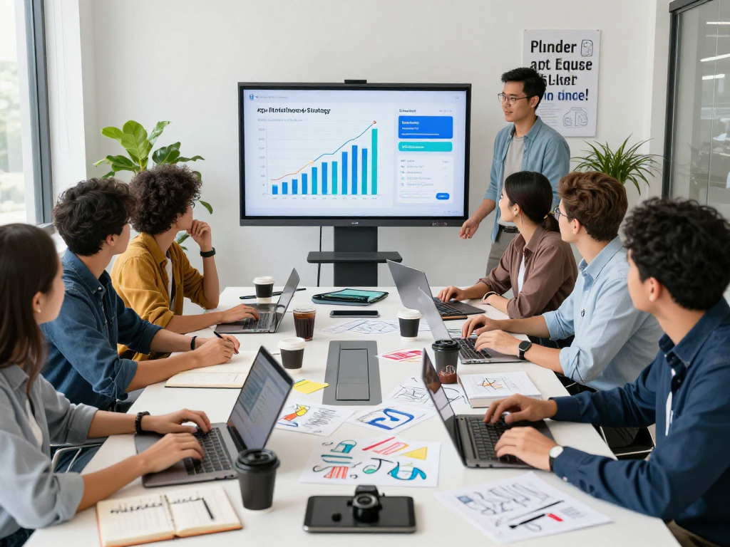 Buy app installs strategy meeting with diverse marketers collaborating in a bright office environment.