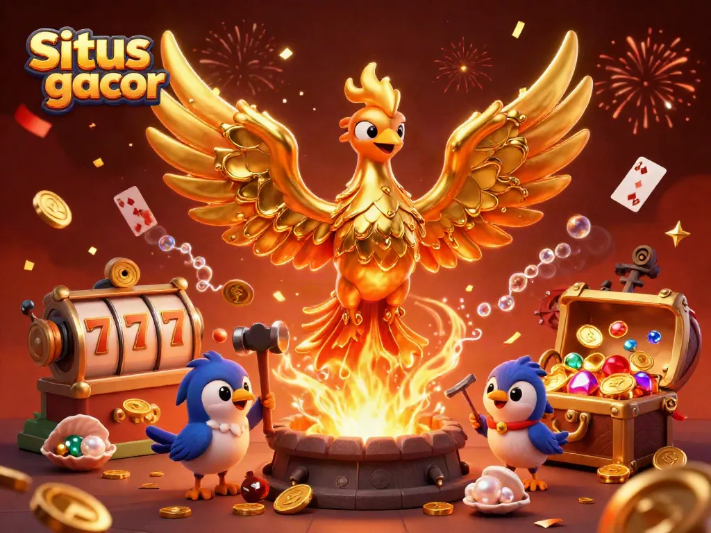 Engage with Situs slot gacor as a molten golden phoenix rises amidst coins and jackpots in a dynamic casino scene.