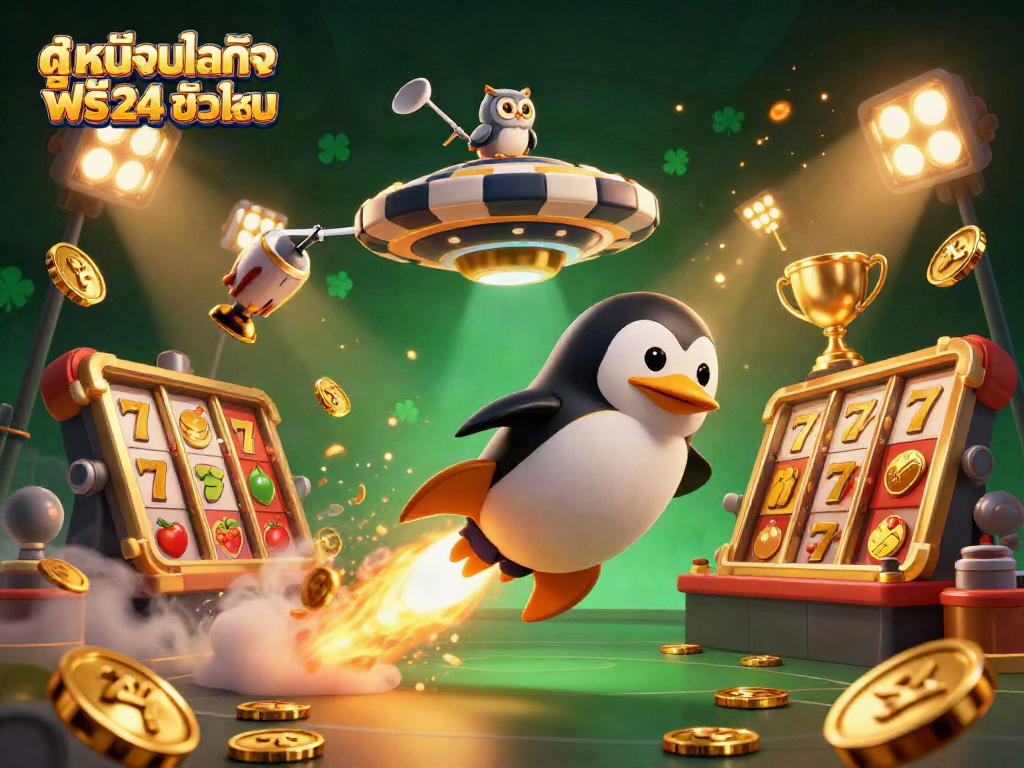Experience thrilling action while watching ดูหนังออนไลน์ฟรี 24 ชั่วโมง with a golden penguin and vibrant casino elements.