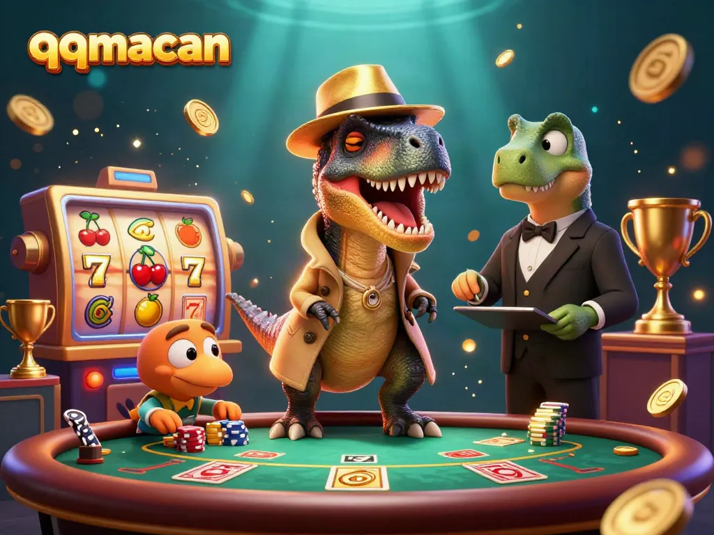 Experience the thrilling action at QQMacan casino with a velociraptor card counter amid spinning slot reels.