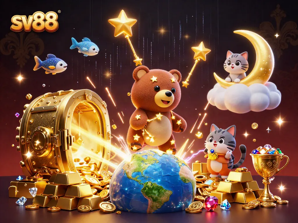 sv88 players winning big with treasure and vibrant casino elements in 3D illustration