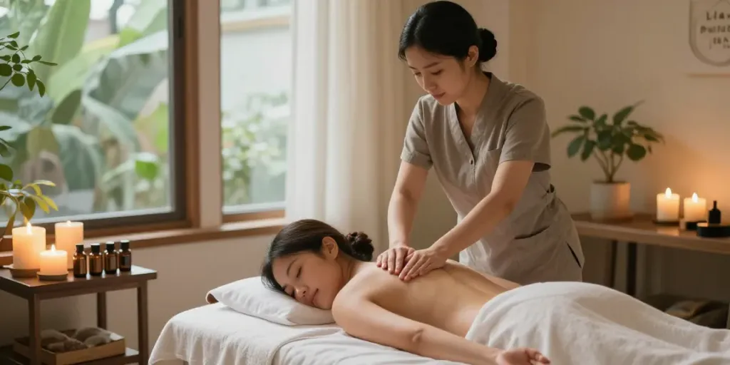 수원토닥이에서 편안하게 마사지받는 모습과 아로마 오일