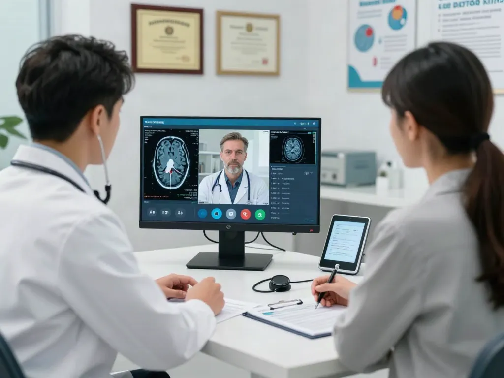 Telestroke medicine consultation with a healthcare professional and patient using video technology.