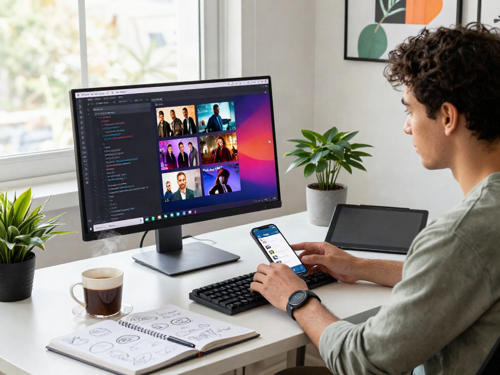 Engaging workspace showcasing Pikashow apk download on a vibrant coding screen and mobile app interface.