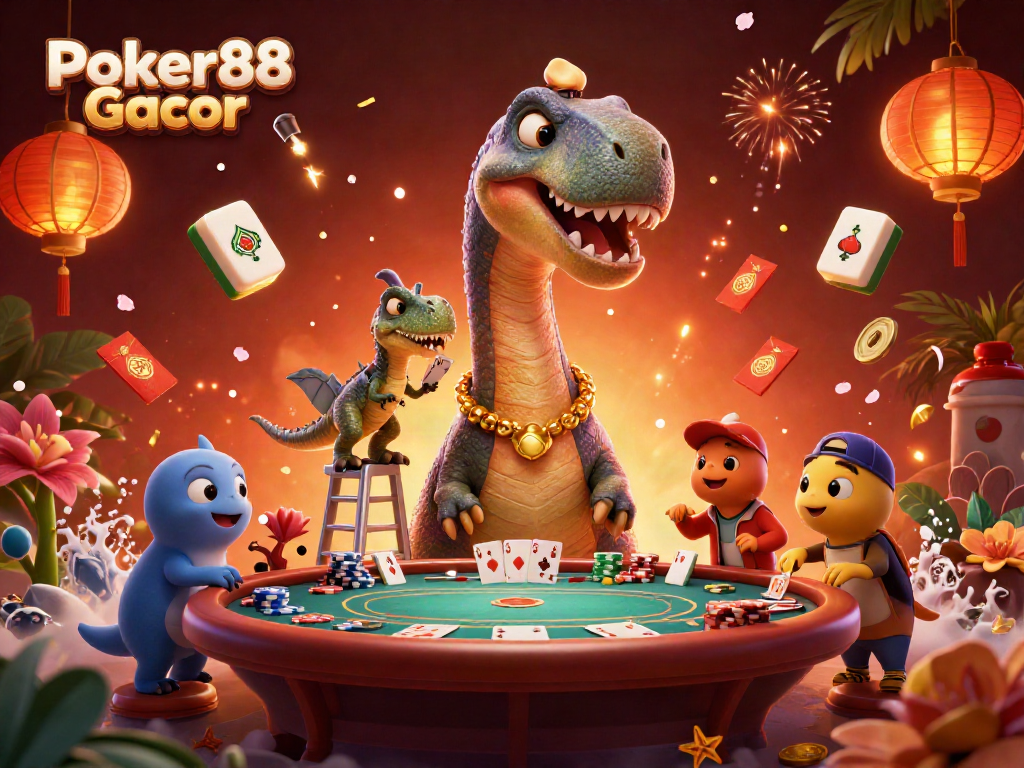 Experience the thrill of Poker88 Gacor with a whimsical casino scene featuring dinosaurs and vibrant elements.