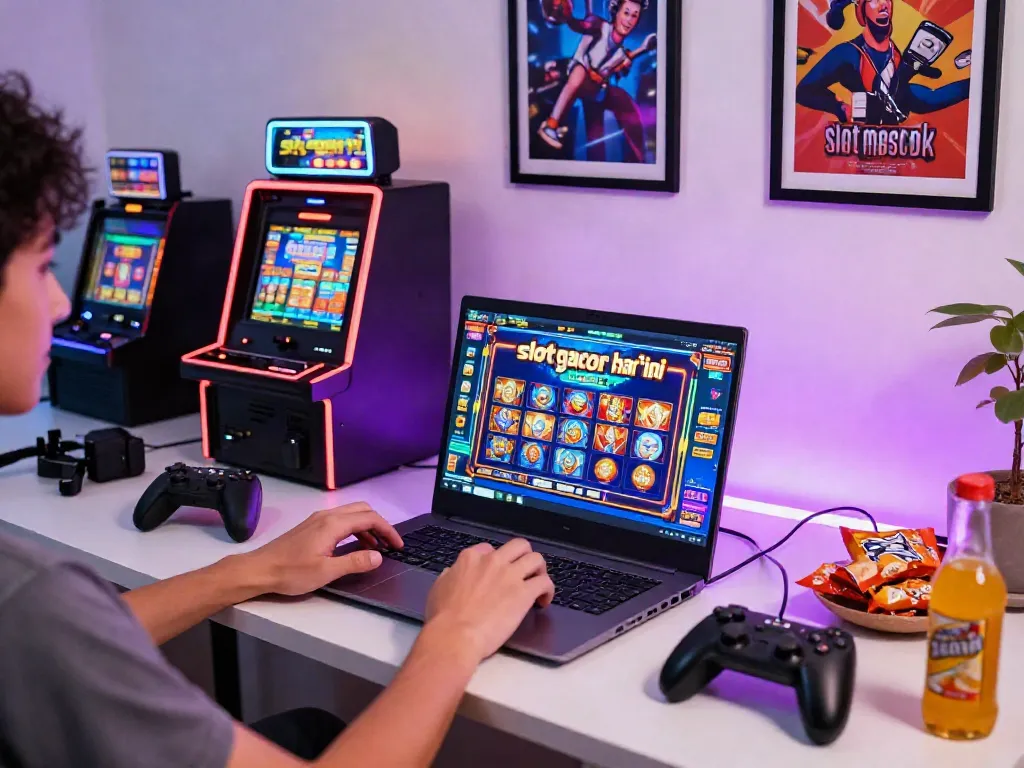 Engaging scene of a player experiencing thrilling slot gacor hari ini gameplay on a laptop at home, vibrant lights and gaming accessories create an energetic atmosphere.
