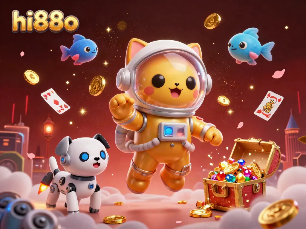Join the fun at hi88o with a 3D illustration featuring an astronaut cat and its robotic companion amidst a vibrant casino scene.